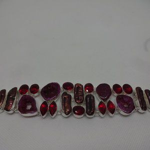 Gorgeous "PURPLE GEODE DRUZY, BIWA PEARL & RUBY" Handmade Sterling Bracelet 929